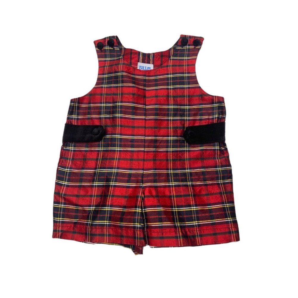 Luli & Me Red Silk Tartan Plaid Romper Black Velvet Accents 9M